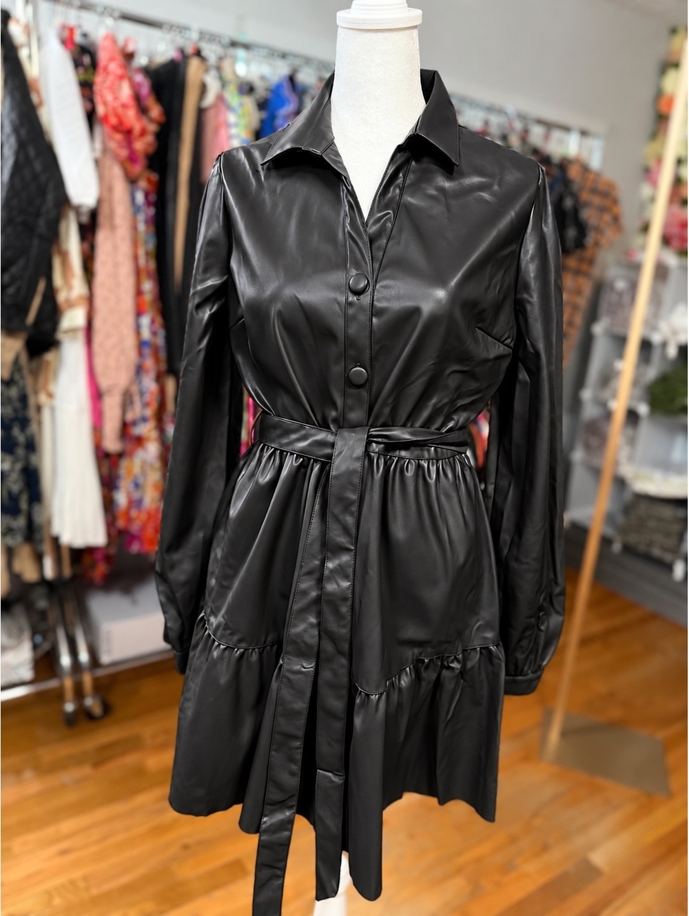 Downtown Muse Black Faux Leather Belted Mini Shirt Dress NWT Large